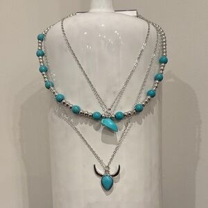 YMI - Multiwear layered stackable 3 silvertone chains,faux turquoise,bull head